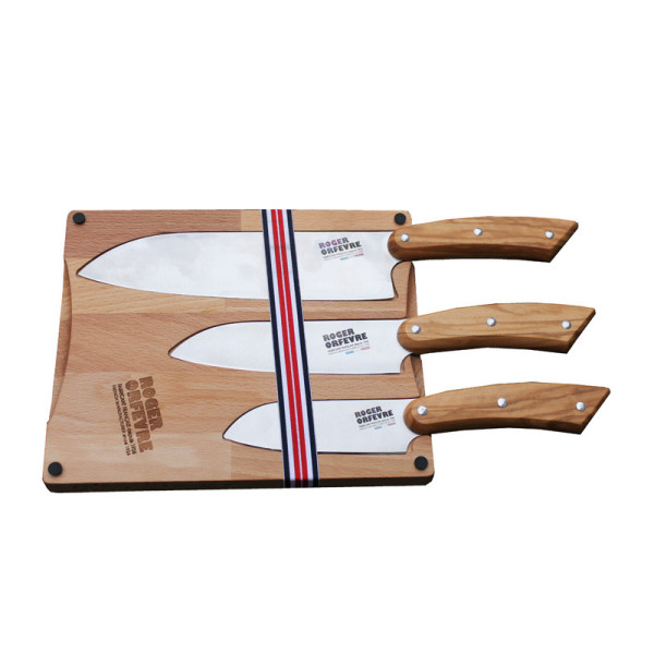 Roger Orfèvre Cutting board and 3 Santoku knives