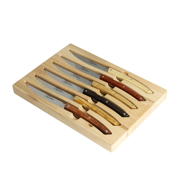 Roger Orfèvre Box of 6 Le Thiers knives assorted wooden handles