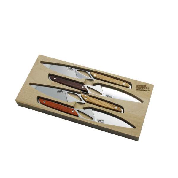 Roger Orfèvre Box of 4 or 6 Le Chalopin knives, tang wood handle