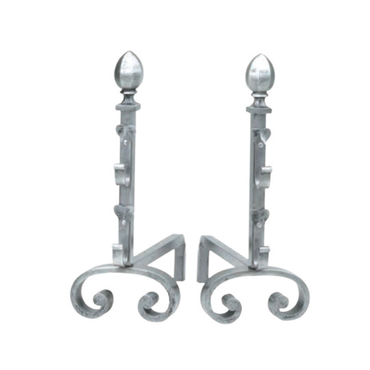 REIGNOUX Pair of andirons h.60cm ogive heads in cast iron