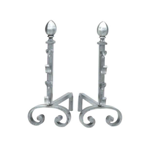 REIGNOUX Pair of andirons h.60cm ogive heads in cast iron
