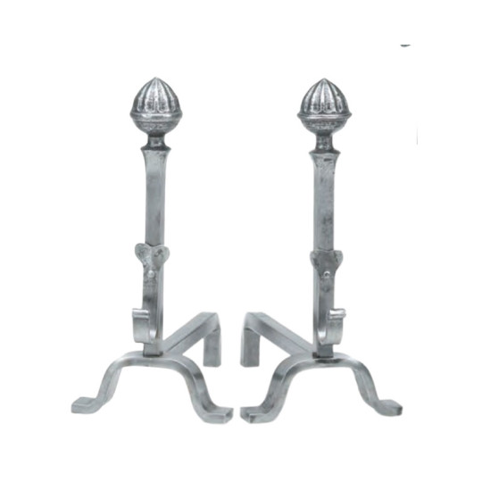 REIGNOUX Pair of andirons h.48cm ogive heads in wrought iron