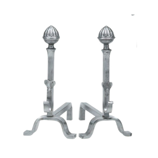REIGNOUX Pair of andirons h.48cm ogive heads in wrought iron