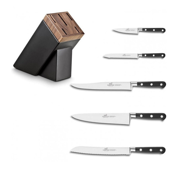 SABATIER Sarlat block black walnut and 5 Ideal kitchen knives Stainless steel rivets