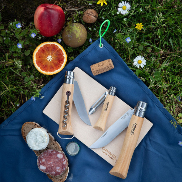 OPINEL nomad kitchen kit with corkscrew knives, bottle opener and board