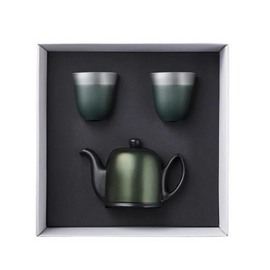 DEGRENNE Salam set of 4-cup teapot and 2 emerald green mugs