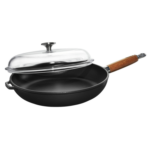 CHASSEUR Round Cast Iron Frying Pan 28cm with Wooden Handle and Lid - 2 Colors