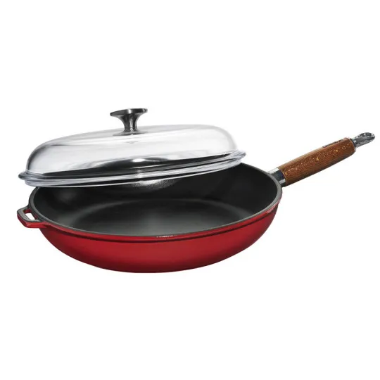 CHASSEUR Round Cast Iron Frying Pan 28cm with Wooden Handle and Lid - 2 Colors