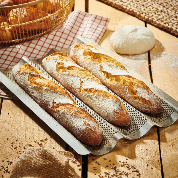 DE BUYER Perforated Baking Tray for 3 Baguettes in Stainless Steel