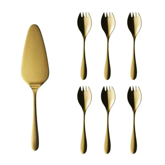 DEGRENNE Set of 6 Onde Gold Cake Forks and Pie Server