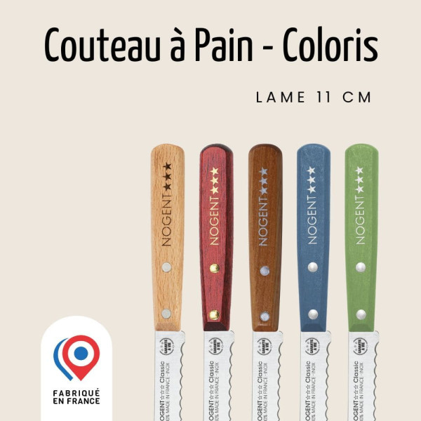 Couteau à pain NOGENT 3 ETOILES lame 11cm crantée 6 mm - 5 coloris